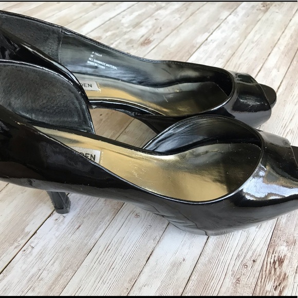 Steve Madden Black Patent Peep Toe Platform Sz 10 - Picture 2 of 8